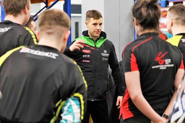World Superbike Champion Jonathan Rea chats to young offenders at Hydebank Wood College who are taking part in a motorcycle awareness course to learn about the dangers associated with unskilled and illegal use of off-road motorcycles.
 
Photo by Darren Kidd / Press Eye.