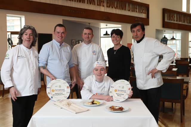 Michael Thompson (front centre), winner of the NI Final of Springboardâ€TMs FutureChef competition is pictured with (from left) judge Michael Deane, mentor John Clark, Chef Geoff Baird from Henderson Foodservice, Caitriona Lennox, Northern Ireland Manager at Springboard and Jean-Christophe Novelli.