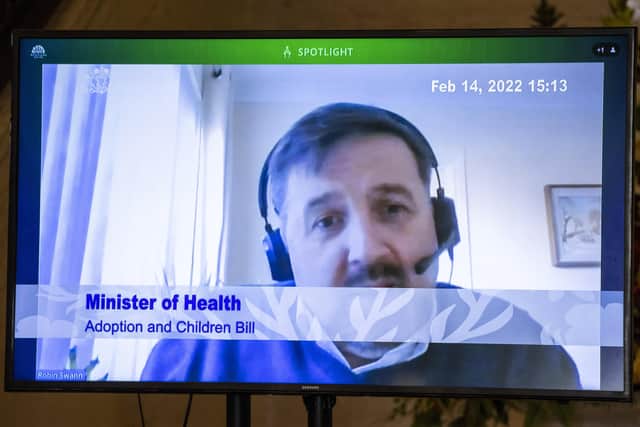 NI Health Minister Robin Swann speaking during a video call to the NI Assembly during a debate at Stormont. Mr Swann is isolating after testing positive for Covid-19. Pacemaker