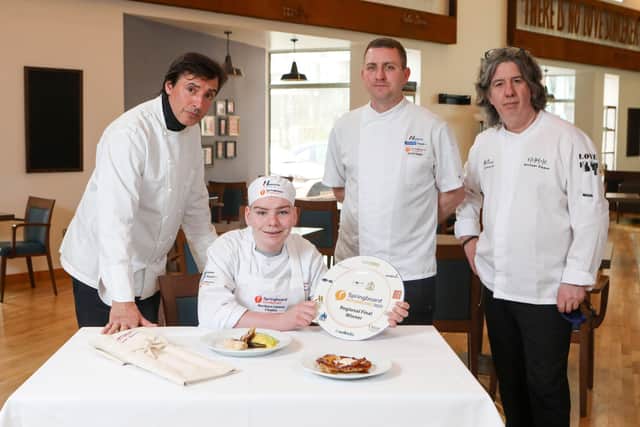 Michael Thompson from Campbell College has been named Springboard’s FutureChef Northern Ireland winner. Michael is pictured with chefs and judges Jean Christophe Novelli, Geoff Baird from competition sponsor, Henderson Foodservice and Michael Deane