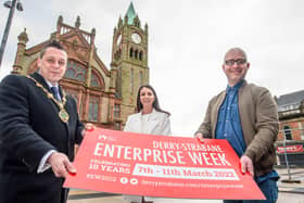 Derry City and Strabane District Council Mayor, Alderman Graham Warke pictured with Danielle McNally, business support officer, DCSDC and Spartacus co-founder Alastair Cameron, at the launch of Enterprise Week