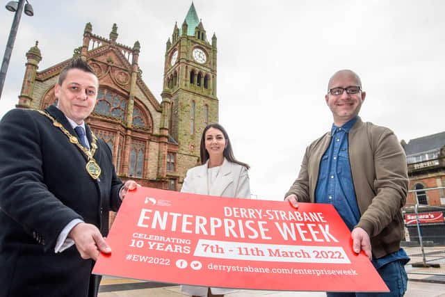 Derry City and Strabane District Council Mayor, Alderman Graham Warke pictured with Danielle McNally, business support officer, DCSDC and Spartacus co-founder Alastair Cameron, at the launch of Enterprise Week