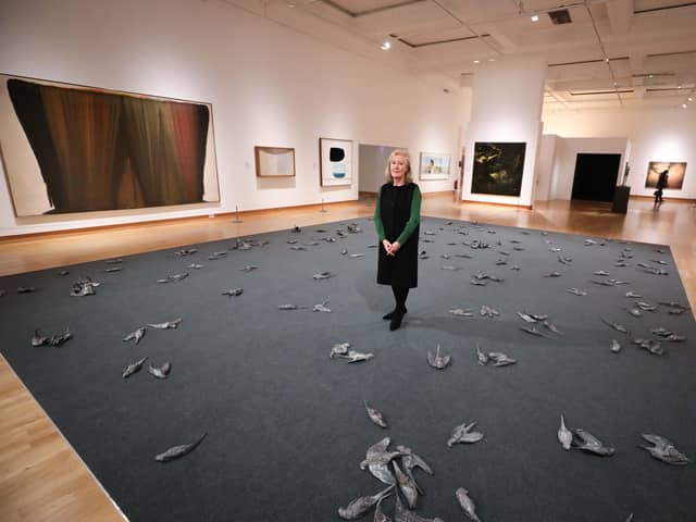 Anne Stewart, senior curator of art, National Museums NI with Blue Sky Thinking, 2019, Patrick Goddard,  the artist and Seventeen, London