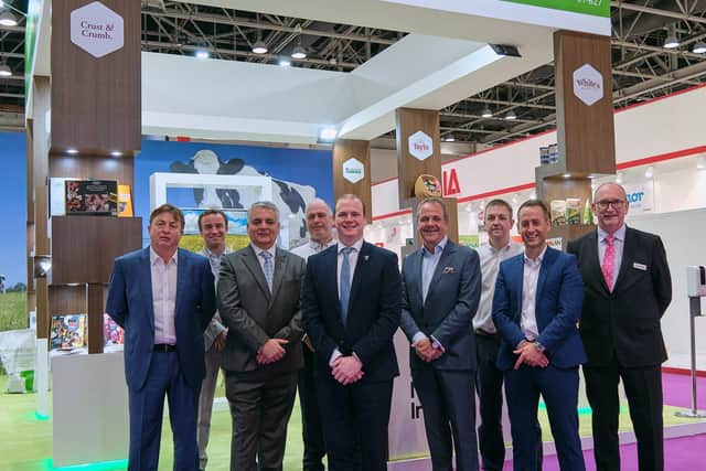 Pictured at the Northern Ireland stand at Gulfood 2022, the world's largest food expo, are (Robin Wall, export director, Tayto, Jago Pearson, chief strategy officer, Artisan Finnebrogue, Mel Chittock, interim CEO, Invest NI, Mark McCaffrey, commercial director, Crust & Crumb, Economy Minister Gordon Lyons, Mark Gowdy, commercial director, Whites Oats, Peter Meeke, regional director, Greenfield International, Stuart Best, business development manager, Whites Oats and Charlie Miller, director MENA, Greenfields International