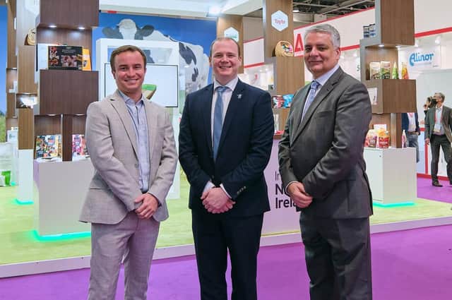 Economy Minister Gordon Lyons pictured at the Northern Ireland stand at Gulfood 2022, the world's largest food expo, with Jago Pearson, chief strategy officer, Artisan Finnebrogue and Mel Chittock, interim CEO of Invest Northern Ireland