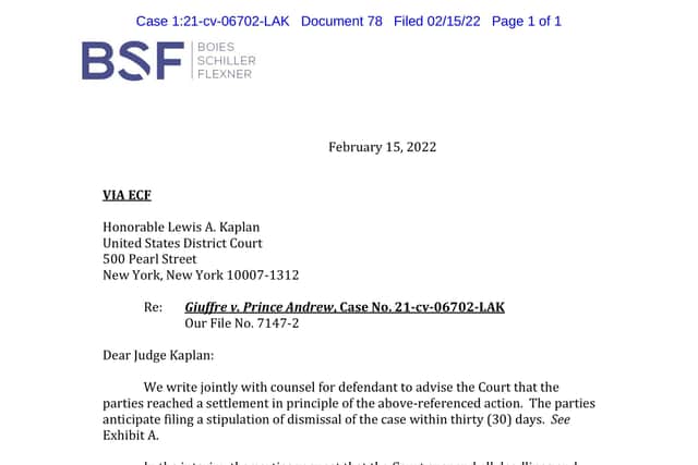 The letter From BSF (Boies, Schiller, Flexner) to the United States District Court showing that the Duke of York and Virginia Giuffre have reached a "settlement in principle" in their court case. Photo: PA Wire