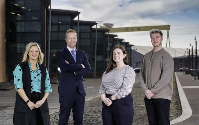 Pictured at Catalyst headquarters in Belfast are Kerry McGarvey, programme manager for INVENT, Niall Devlin, head of business banking NI at Bank of Ireland, Sian Farrell, chief scientific officer of StimOxyGen, winner of INVENT 2021 and Lewis Loane, founder of TORANN, winner of INVENT 2019