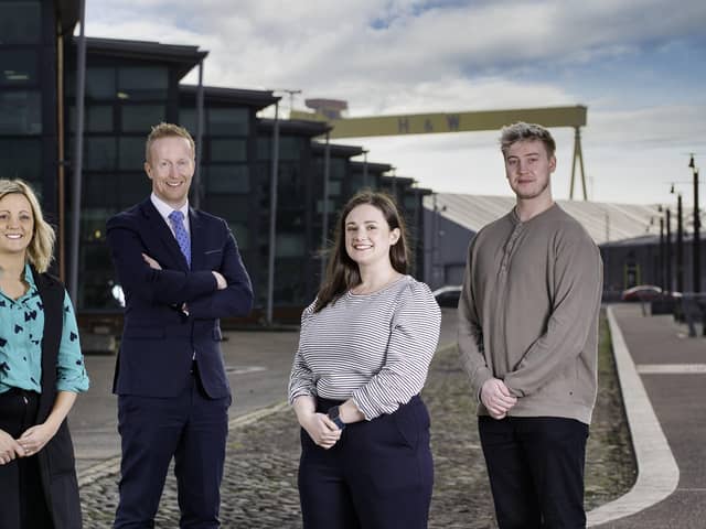 Pictured at Catalyst headquarters in Belfast are Kerry McGarvey, programme manager for INVENT, Niall Devlin, head of business banking NI at Bank of Ireland, Sian Farrell, chief scientific officer of StimOxyGen, winner of INVENT 2021 and Lewis Loane, founder of TORANN, winner of INVENT 2019