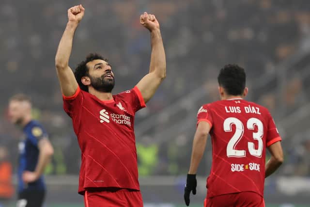 Liverpool's Mohamed Salah celebrates scoring the second goal during the UEFA Champions League round of 16 first-leg match at the San Siro. Pic by PA.