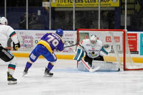 Belfast Giants goalkeeper Jackson Whistle blocks a shot from the Fife Flyers’ Brandon Magee. Whistle was called upon to do goals after Tyler Beskorowany picked up an injury during the Giants 7-0 defeat of the Dundee Stars. Picture: Fife Flyers Images