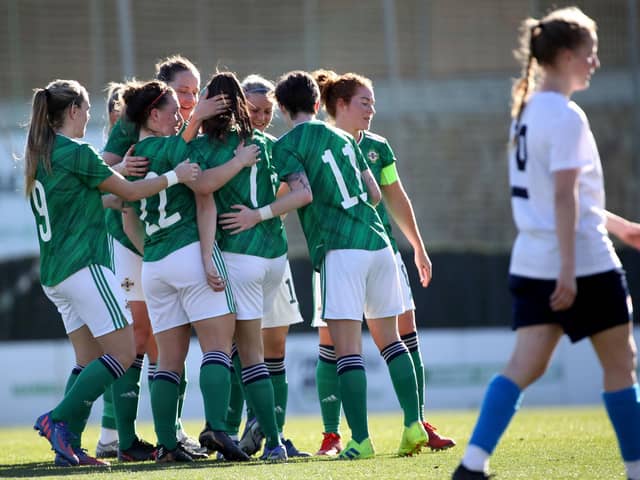 Chloe McCarron celebrates scoring against Faroe Islands during Thursday's Women's International Friendly at the Marbella Football Centre