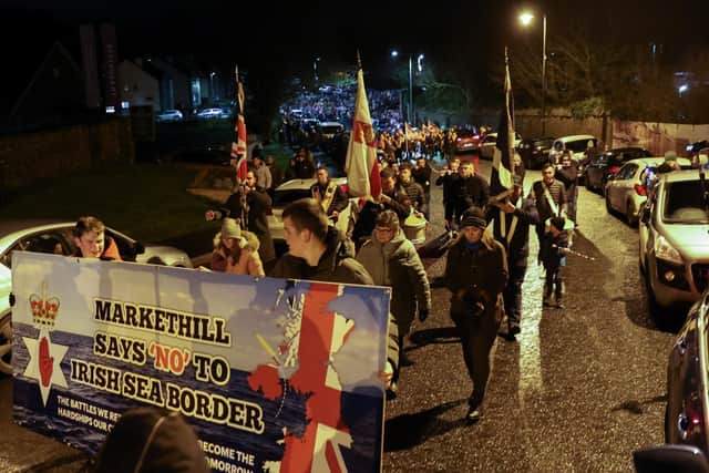 Thousands have attended a parade and protest in Markethill, Co Armagh against the NI Protocol. 

Picture: PressEye