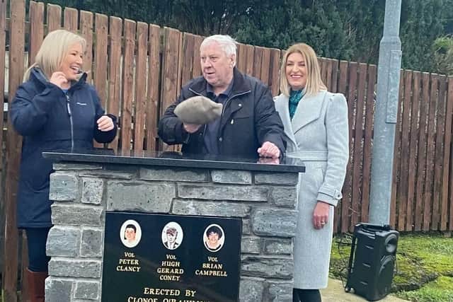 Sinn Fein said that Clonoe ORahilly GAA Club in Coalisland has erected a monument to club members and IRA volunteers Peter Clancy, Hugh Gerard Coney and Brian Campbell, who all "lost their lives while on Active Service in the struggle for Freedom". Photo: East Tyrone "gra Shinn Féin.