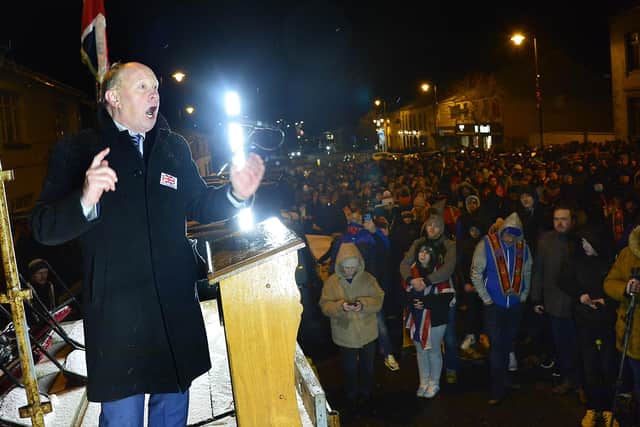 TUV leader Jim Allister addressing the anti-NI Protocol rally in Markethill, Co Armagh. Picture: Arthur Allison/Pacemaker Press