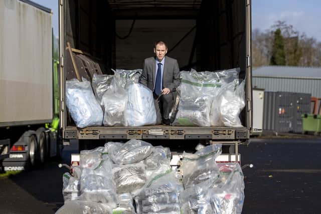 Police Service of Northern Ireland (PSNI) Detective Inspector Conor Sweeney of the Organised Crime Task Force at a location in Greater Belfast, showing part of a £3 million drug seizure that was intercepted at Belfast Harbour. The find is one of Northern Ireland's largest recorded.