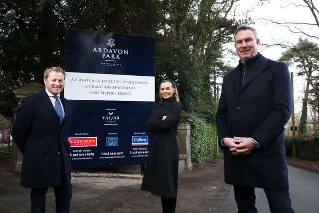 Pictured at the new Ardavon Park development on the Glen Road in Cultra are David Menary from Colliers, Darren Donnelly of Valor Homes and Tiffany Brien from Simon Brien