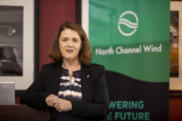 Niamh Kenny, Project Director of North Channel Wind, at the Titanic Hotel in Belfast, outlining details on a new offshore renewable energy project proposed for Northern Ireland's coastal waters.