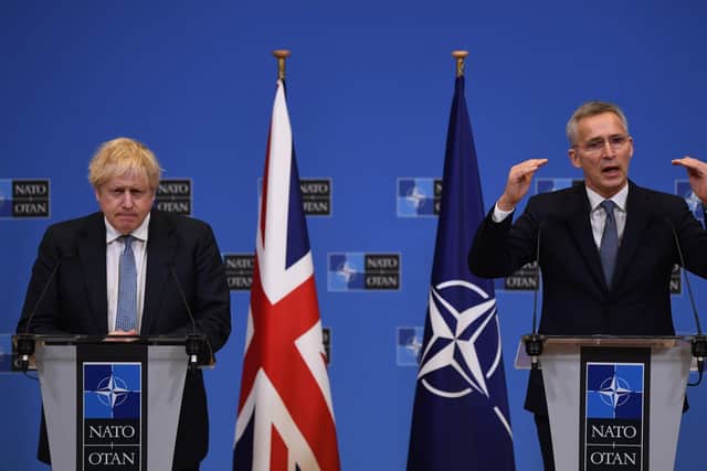 Prime Minister Boris Johnson with Nato secretary general Jens Stoltenberg at Nato Headquarters in Brussels to discuss Ukraine this month. The UK is a strong believer in Nato but some Northern Ireland parties fail to recognise Nato's role or in some cases campaign against it. Photo: Daniel Leal/PA Wire