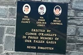 The memorial to the three dead IRA men at Clonoe O’Rahilly’s GAA club