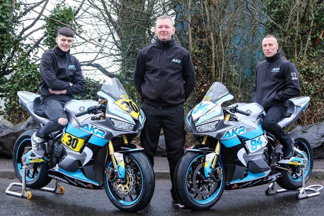 Left to right, Current SS300 USBK Champion Ajay Carey, Alex Knowles ( Team Principal), and former Moto GP Rider, Chris Burns, astride their AKR/Thomas Bourne Racing CBR 600 RR Honda machines, which they will ride in the 2022 USBK & Mondello Masters Series