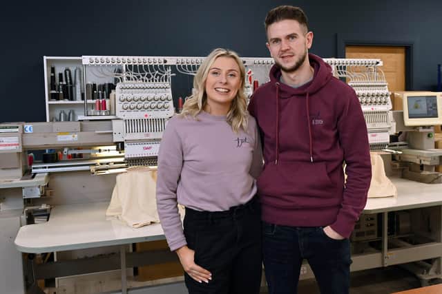 Husband and wife team, Sarah and Paul Thompson of Ted & Stitch, are pictured as the local embroidery company celebrates a bumper second year in business that has included the opening of a new workshop, the creation of five new jobs and an impressive 225 per cent increase in sales.