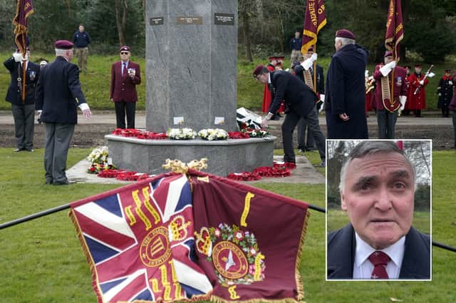 Wreaths are laid at a memorial to mark the bombing of the HQ 16th Independent Parachute Brigade Officers' Mess after it was unveiled at Aldershot Barracks, Hampshire, marking the 50th anniversary of the bombing which claimed the lives of seven people on February 22 1972.

INSET: Mr Bosley.