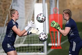 Northern Ireland’s Jackie Burns and Rebecca Flaherty pictured during yesterday’s training session at the Marbella Football Centre, Spain ahead of today’s friendly against Romania. Photo by William Cherry/Presseye