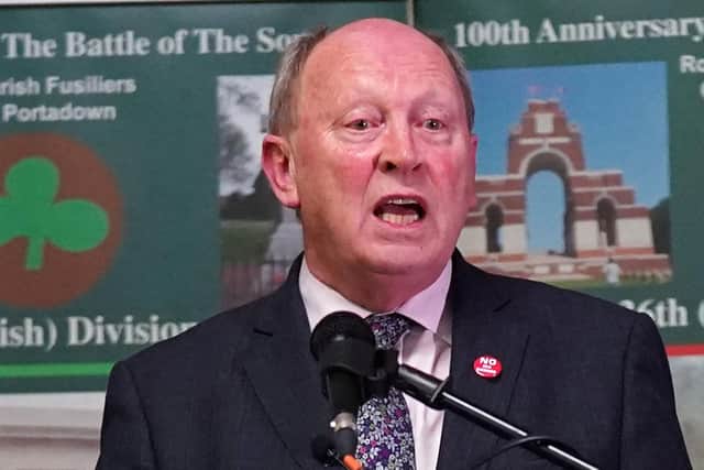 TUV leader Jim Allister addressing a rally against the NI Protocol at Carleton Street Orange Hall, Portadown in February 2022. Photo: Brian Lawless/PA Wire