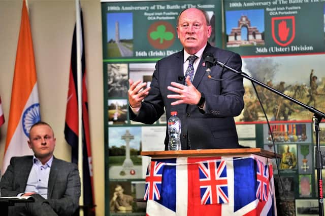 TUV leader Jim Allister (left) takes part in a rally against the Northern Ireland Protocol at Carlton Street Orange Hall, Portadown, in County Armagh, Northern Ireland. Picture date: Wednesday February 23, 2022.