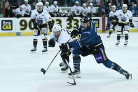Belfast Giants' Scott Conway with Nottingham Panthers Kevin Massy during Wednesdays Challenge Cup semi-final at the SSE Arena, Belfast. Photo by Darren Kidd/Presseye