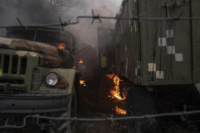 A damaged Ukrainian military facility in the aftermath of Russian shelling outside Mariupol, Ukraine. Russia’s invasion is a land grab (AP Photo/Evgeniy Maloletka)