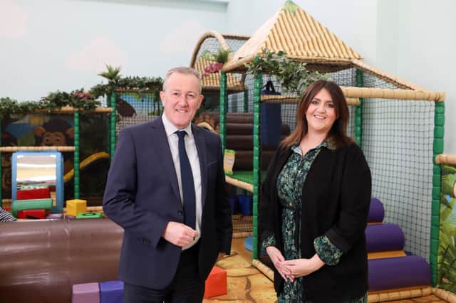 Finance Minister Conor Murphy pictured with Catherine McClelland from Roar and Explore soft play