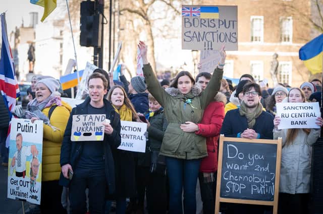 Ukrainians hold a protest against the Russian invasion of Ukraine outside Downing Street, London. Photo: Stefan Rousseau/PA Wire