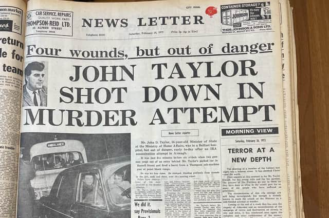News Letter front page from Saturday February 26 2022, reporting the shoothing of John Taylor 50 years ago, taken from News Letter archives