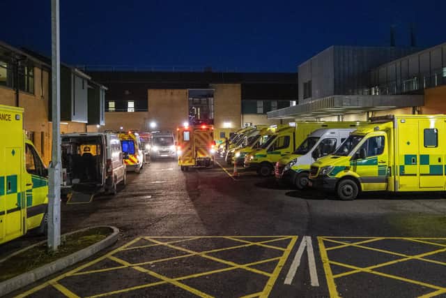 Ambulances at the entrance to the emergency department with a number of the vehicle with patients awaiting to be admitted, at Antrim Area Hospital as the emergency department was at full capacity.