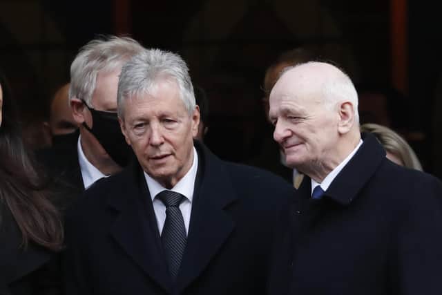 Former DUP leader and Northern Ireland First Minister Peter Robinson along with DUP member William McCrea attend the funeral of DUP MLA Christopher Stalford at Presbyterian Church, Belfast.