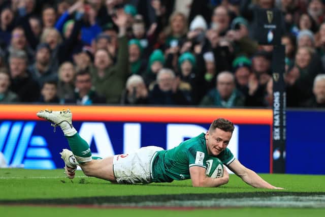 Michael Lowry of Ireland touches down for the sixth try during the Six Nations Rugby match against Italy