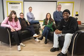 Pictured at Catalyst headquarters are Bloomfield Collegiate student, Rachel, COO DisplayNote, Ed Morgan, steering team chairperson/MD Dawson Andrews, Andrew Fulton, GI programme manager, Judith Camblin, Bloomfield Collegiate teacher, John McEvoy and GI Alumni, Salou Jallow