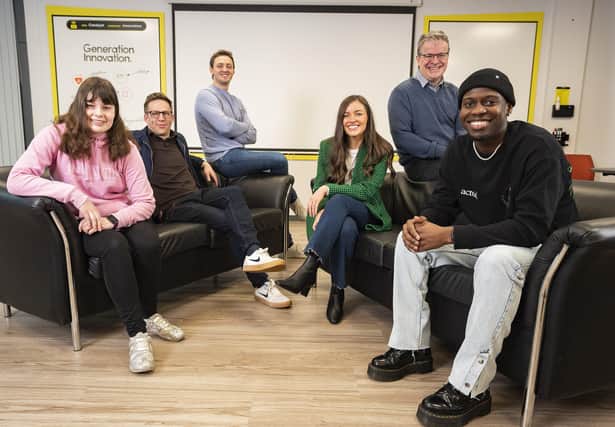 Pictured at Catalyst headquarters are Bloomfield Collegiate student, Rachel, COO DisplayNote, Ed Morgan, steering team chairperson/MD Dawson Andrews, Andrew Fulton, GI programme manager, Judith Camblin, Bloomfield Collegiate teacher, John McEvoy and GI Alumni, Salou Jallow