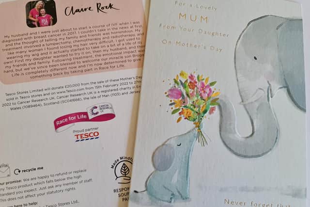 Claire Rocks' Mother's Day card for Race for Life on sale in Tesco.jpg