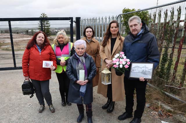 Friends and relatives of the victims of Mother and Baby Homes, have gathered at the site of the old Marianvale Home, which started in the 1950s and was run by the Good Shepherd Sisters. The group who organised the vigil, Birth Mothers and Children for Justice, continue their battle for justice. 

Barbara McCann, Michelle Dillon, Adele Johnston, solicitors Roisin McCann and Claire McKeegan of Phoenix Law, and Gary Gardiner. 

Picture by Philip Magowan / PressEye