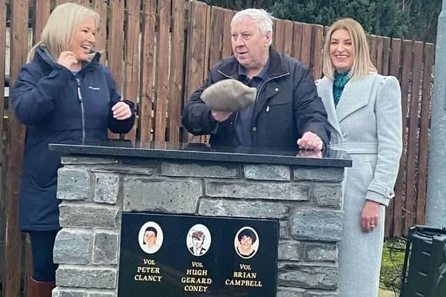Michelle O’Neill at the unveiling of what Sinn Fein call 'a monument' to Clonoe O’Rahilly’s GAA club members and IRA volunteers Peter Clancy, Hugh Gerard Coney and Brian Campbell