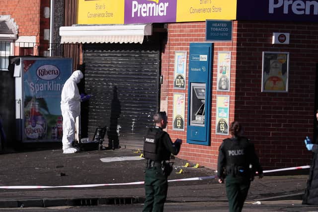 Press Eye - Belfast - Northern Ireland - 1st March 2022

Police at the scene of an attempted ATM theft on the Ballysillan Road, north Belfast.  The roads surrounding the area were closed with reports coming through of an explosion in the early hours of the morning. 

Picture by Jonathan Porter/PressEye