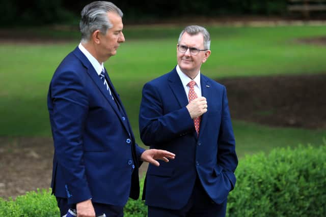 Former DUP leader Edwin Poots, (left) with current party leader Sir Jeffrey Donaldson at Stormont last July.