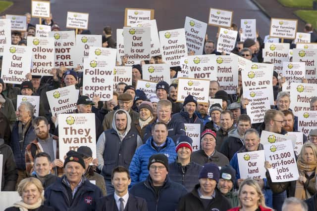 People from the Northern Ireland farming Community gather outside Stormont ahead of a debate on NI Minister for Agriculture Edwin Poots' Climate Change Bill.