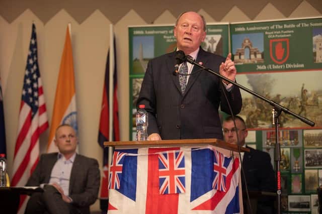 Jim Allister speaking at an earlier Protocol rally