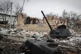 Destroyed buildings seen in the town of Bucha, close to the capital Kyiv, Ukraine