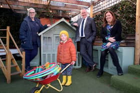 Pictured during his visit to Bumbles Day Care is Finance Minister, Conor Murphy with Bumbles Day Care owner Patricia Maxwell and Pauline Walmsley, chief executive of Early Years with three year old Oisin