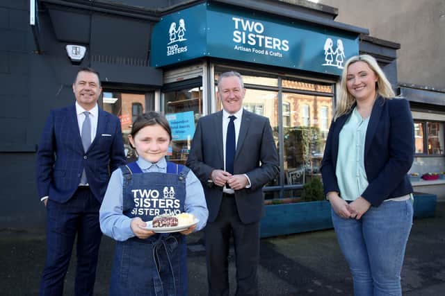 Pictured visiting Two Sisters in Belfast are Finance Minister, Conor Murphy, Two Sisters owner Victoria Nicol and daughter Erin and Glyn Roberts, chief executive of Retail NI