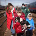 A nine-year-old refugee from Kyiv arrives with his pet dog  at the Hungarian border town of Zahony on a train that has come from Ukraine on  (Photo by Christopher Furlong/Getty Images).